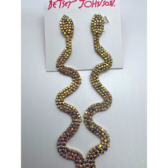 Betsey Johnson Snake Drop Earrings Gold Tone Rhinestone Serpent Statement - Picture 2 of 6